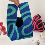 1PC Stylish Folding Fashionable Striped Knitted Handbag Girl's Crochet Handheld Bag Causal Daypack