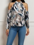 Plus Size Allover Print Tie Back Blouse Elegant Cold Shoulder Top For Spring Women's Plus Size Clothing