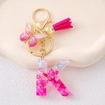 Initial Keychain With Pink Resin & Faux Stone Tassel & Butterfly Charm Golden Hardware For Women Bag & Wallet Accessory
