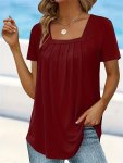 Plus Size Casual Top Women's Plus Solid Pleated Square Neck Short Sleeve Slight Stretch Top