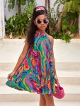 Tween Girl Vacation casual Spring summer Geometric Pattern Woven Pleated Halter Neck Sleeveless Dress
