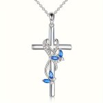 Blue Rhinestones Butterfly Decor Cross Pendant Necklace Elegant Style Zinc Alloy Collarbone Chain Fashionable Accessory For Part