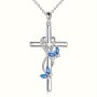 Blue Rhinestones Butterfly Decor Cross Pendant Necklace Elegant Style Zinc Alloy Collarbone Chain Fashionable Accessory For Parties And Daily Wear