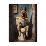 Bearowl Dog Metal Tin Signgerman Shepherd Reading Newspaper On Toiletvintage Bathroom Scenehumorous Pet Art Tinplatewall Decor A