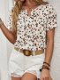 Allover Print Notched Neck Blouse Elegant Short Sleeve Top For Spring & Summer Women's Clothing