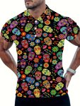 Men's Skulls Graphic Print Golf Shirt Casual Short Sleeve Lapel Shirt For Outdoor
