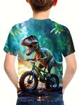 Cartoon Forest Dinosaur Riding A Bike - Engaging Visuals With 3D Effect T-shirts For Boys - Cool Lightweight And Comfy Summer Cl