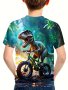 Cartoon Forest Dinosaur Riding A Bike - Engaging Visuals With 3D Effect T-Shirts For Boys - Cool Lightweight And Comfy Summer Clothes