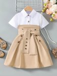 Girls Elegant Patchwork Short Sleeve Shirt Dress Casual Dresses For Holiday Summer Going Out