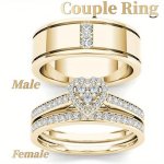 2PCS Women's Fashion Classic Golden Alloy Inlaid With Rhinestone Decorative Ring Or 1PC Men's Fashion Classic Golden Alloy Decor
