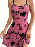 Women's Heart & Crown & Letter Print Casual Frill Trim Sleepwear Dress Round Neck Backless Slip Dress Comfortable Nightgown