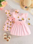 Baby Girls Cute Cartoon Bee Letter Print Bow Decor Casual Dress Set Two-piece Set