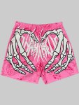 Men's Skeleton Hand And Paisley Pattern And Letter Print Shorts Chic And Trendy Shorts With Drawstring And Pockets Suitable For