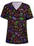 Heart Print V Neck Scrub Tops Elegant Short Sleeve Patched Pockets Nurse Uniform Women's Clothing