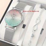 Elegant Women's Watch And Bracelet Set - Round Rainbow Dial Quartz Wristwatch With Silver Mesh Band Infinity Heart Chain Bracele
