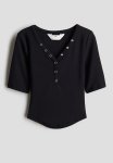 Decorative-placket Ribbed Top - Black