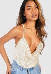 Cowl Front Sequin Strappy Bodysuit - Neutral