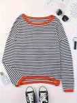 Striped Drop Shoulder Crew Neck Sweater Casual Long Sleeve Sweater For Fall & Winter Women's Clothing