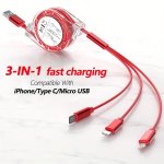 Multi Charging Cable Retractable USB Charger Cord 3IN 1 Fast Chargers For Various Devices - Lightning type C micro USB Ports For