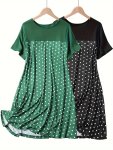 2PCS Women's Plus Casual Lounge Dress Plus Size Polka Dot Print Short Sleeve Crew Neck Nightdress