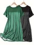 2pcs Women's Plus Casual Lounge Dress Plus Size Polka Dot Print Short Sleeve Crew Neck Nightdress