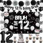 Holkcog 12TH Birthday Party Decorations Happy 12TH Bday Bruh Banner Bankground Black Number 12 Foil Ballons & Cupcake Topper Han