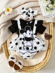 Baby's Cute Mouse Patchwork Faux Two-piece Bodysuit Casual Short Sleeve Layered Romper Dress Toddler & Infant Girl's Onesie For 