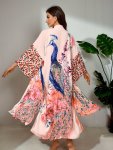 Bohemian Style Women's Peacock Print Beach Cover-up With Belt Long Sleeves Loose Fit Vacation Kimono