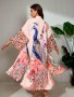 Bohemian Style Women's Peacock Print Beach Cover-Up With Belt Long Sleeves Loose Fit Vacation Kimono