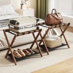 Fully Assembled Walnut Luggage Racks Set Of 2 Bamboo 26.77" Luggage Rack Stand For Guest Room 5 Nylon Straps Foldable Suitcase S