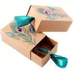 10PCS Kraft Paper Candy Box Drawer-shaped Gift Box Peacock Feather Pattern Colored Rhinestone Decorated Gift Box Suitable For We