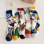 5 Pairs Abstract Portrait Print Socks Novelty & Breathable Mid Tube Socks Trendy Fashion Women's Socks - For Fall & Winter
