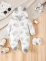 Baby's Dinosaur Pattern Hooded Warm Long Sleeve Footie & Baby Mittens Toddler & Infant Boy's Comfy Footed Romper For Winter