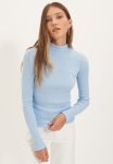 Fitted High Collar Long Sleeve Ribbed Stretchy Knitted Blouse - Blue
