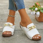 Women's Metallic Chain Decor Wedge Heeled Sandals Casual Open Toe Platform Shoes Comfortable Slip On Sandals