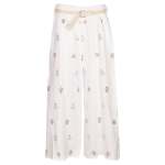 Embroidered Sequin Belted Linen Pant - White L