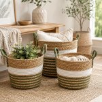 Woven Basket Set Of 3 Olive And White Stripes