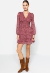 Flounced Lined Chiffon Dress - Dark Pink