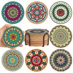 Cork Coasters Set Of 8 Round Boho Coasters For Drinks Cute Colorful Coaster With Holder Apartment Farmhouse Office Bar Decor Bir