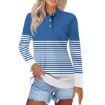 Polo Shirts For Womens V Neck Lapel Long Sleeve Tops With Collar Button Fall Loose Golf Casual Business Tunic BLOUSES1-BLUE Larg