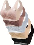 5 Pcs Floral Lace Decor Sports Bra Comfy Breathable Full Coverage Yoga Bra Women's Underwear