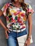Allover Print Crew Neck Blouse Vintage Short Sleeve Blouse For Spring & Summer Women's Clothing