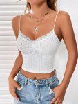 Eyelet V-neck Lace Stitching Cami Top Versatile Crop Slim Solid Spaghetti Strap Top For Summer Women's Clothing For COQUETTE CUT