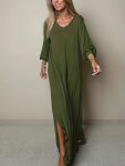 Plus Size Casual Dress Women's Plus Solid Lantern Sleeve V Neck Split Hem High Stretch Maxi Dress