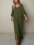 Plus Size Casual Dress Women's Plus Solid Lantern Sleeve V Neck Split Hem High Stretch Maxi Dress