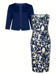 Plus Size Elegant Two-piece Set Plant Print Sleeveless Tank Dress & Solid Open Front Long Sleeve Top Outfits Women's Plus Size C