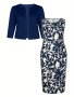 Plus Size Elegant Two-piece Set Plant Print Sleeveless Tank Dress & Solid Open Front Long Sleeve Top Outfits Women's Plus Size Clothing