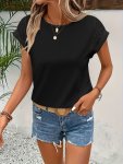 Crew Neck Lace Stitch Top Solid Casual Every Day Top For Summer & Spring Women's Clothing