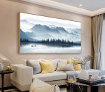 Artewoods Indigo Framed Canvas Wall Art Misty Mountain Wall Pictures Foggy Lake Boat Painting Prints Forest Birds Artwork Wall D