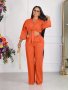 Casual Solid Two-piece Set Tie Front Three-quarter Sleeve Top & Wide Leg Pants Outfits Women's Clothing